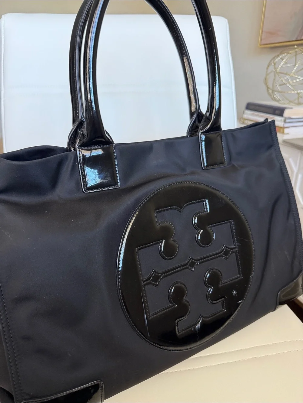Tory Burch Black Nylon Tote with Patent Trim
